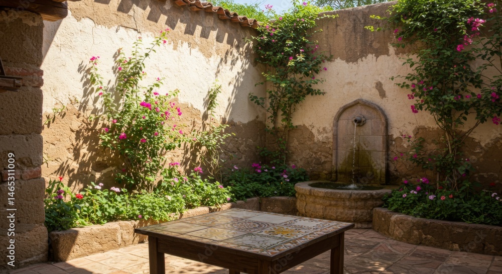 Naklejka premium Sunlit Courtyard with Stone Fountain and Mosaic Table