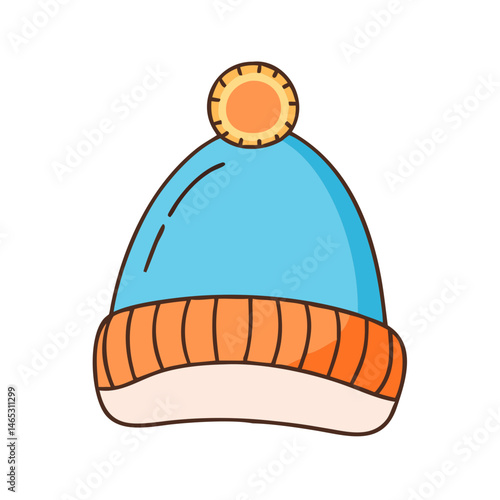 Illustration of blue winter hat with orange pom pom knit cap beanie headwear apparel accessory cold weather