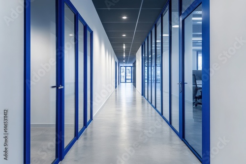 A sleek and modern office corridor with blue doors and glass partitions offers a bright  contemporary feel  combining clean design with professional elegance.