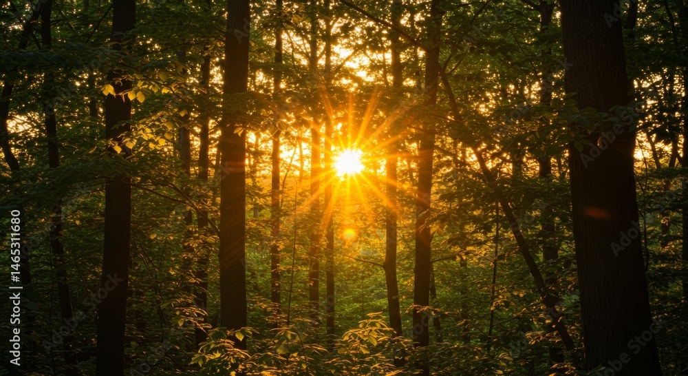 Obraz premium Sunset in a Forest with Golden Sunlight Beams