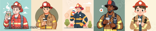 firefighter character vector drinking coffee