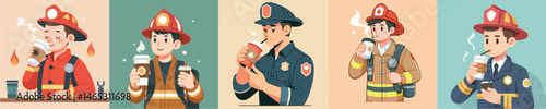 firefighter character vector drinking coffee