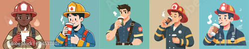 firefighter character vector drinking coffee