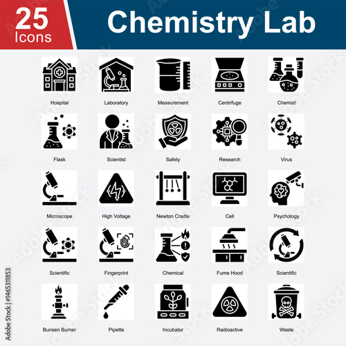 Chemistry Lab is a collection of icons representing laboratory equipment, chemical research, safety protocols, and scientific procedures used in analyzing chemicals, biology, and medical experiments.