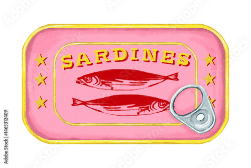 Canned fish pink, Sardines, Mackerel, hand drawn Tropical, Summer, Decoration, Paradise, Vintage, On Transparent Background