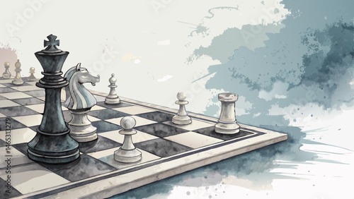 *Watercolor Chessboard in Soft Black & White – Artistic Classic Game Background with Copy Space*