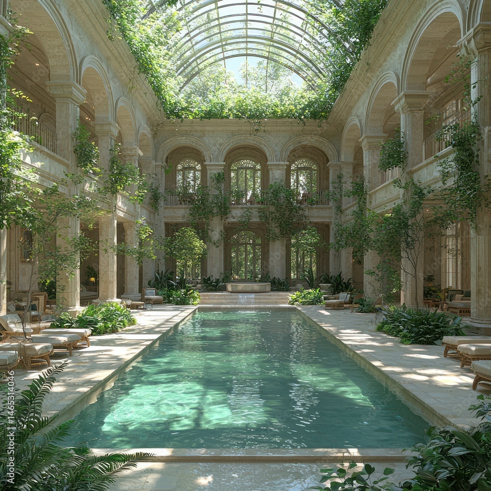 Obraz premium Luxurious indoor swimming pool surrounded by architectural grandeur and abundant greenery