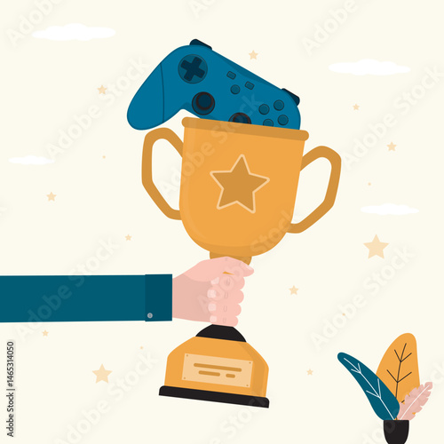 Competition in video games. Golden cup for cybersport winner. Player hand holding trophy and joystick. Esports, champion, pc concept. Reward for champion of videogame.