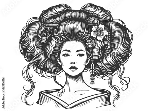 Asian woman with striking voluminous hair, showcasing elegance, beauty, and timeless fashion sketch engraving generative ai vector illustration. Scratch board imitation. Black and white image.