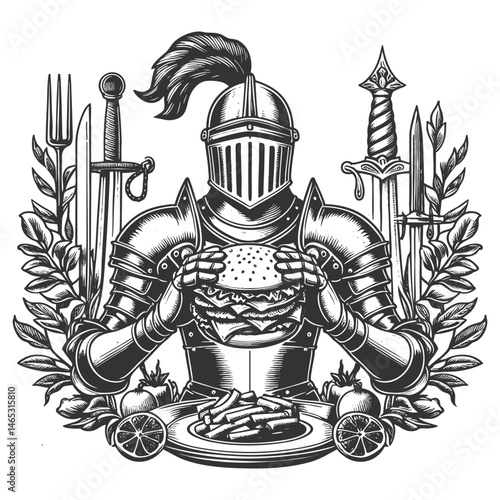 medieval knight in full armor eats large burger, combining historical and modern elements with humor sketch engraving generative ai vector illustration. Scratch board imitation. Black and white image