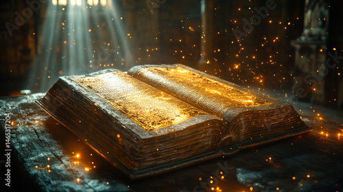 Ancient, glowing book on a weathered wooden table, surrounded by magical golden particles and illuminated by dramatic rays of light.  
