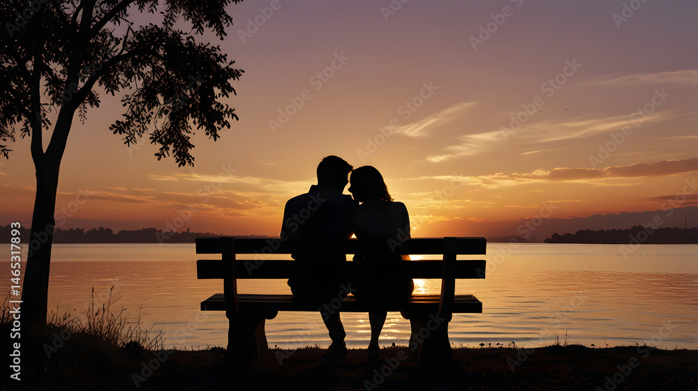 Fototapeta premium couple sitting on bench at sunset, , ai generated