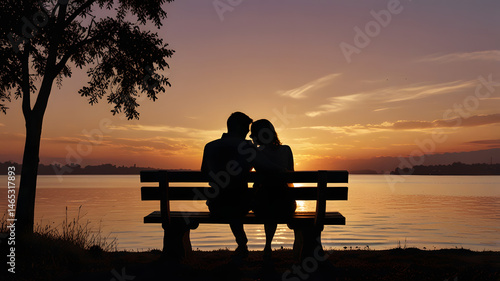 couple sitting on bench at sunset, , ai generated