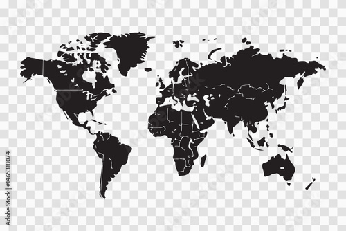 World map illustration showing continents, countries, and oceans with a global view including Asia, Europe, America, Australia, and Africa