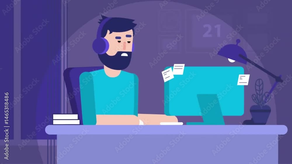 Animated man at desk with desktop computer, symbolizing creative tech work and software development Animated man at desk with desktop computer, symbolizing creative tech work and software development