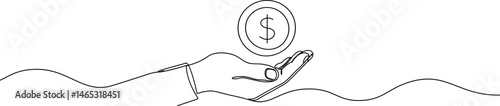 Hand holding coin continuous one line drawing. Dollar linear symbol. Savings money concept.