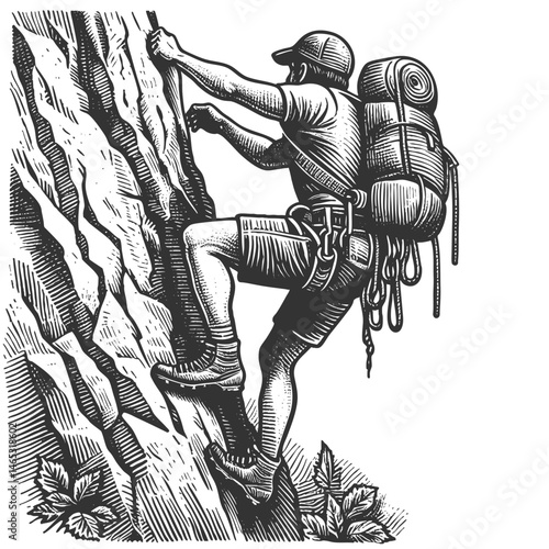 muscular man alpinist rock climbing on a steep cliff, gripping rugged rocks with determination and strength sketch engraving generative ai vector illustration. Scratch board. Black and white image.