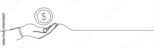 Hand holding coin continuous one line drawing. Dollar linear symbol. Savings money concept.