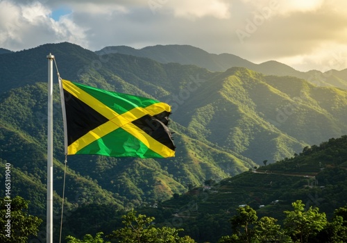 Waving Jamaican Flag Symbolizing Island Vibrancy Against the Lush Green Slopes of the Blue Mountains