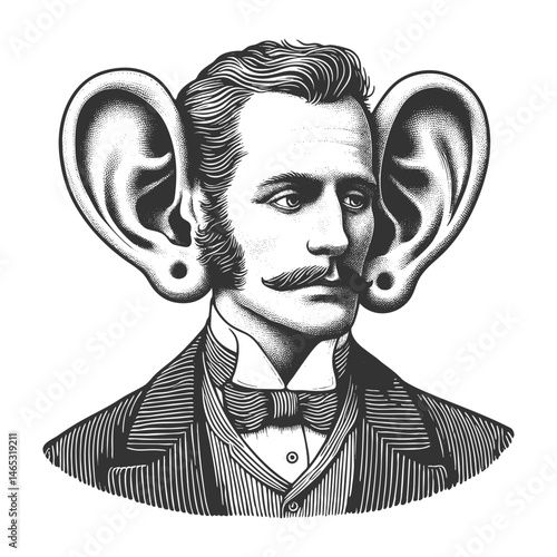 man in vintage attire with exaggeratedly large ears, symbolizing attentive listening or surreal fantasy sketch engraving generative ai vector illustration. Scratch board. Black and white image.