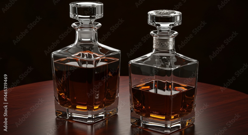 Elegant Whiskey Decanters Set - Luxury, sophistication, amber liquid, crystal glassware, fine spirits. Symbolizing celebration, success, refinement, relaxation, and heritage Elegant Whiskey Decanters Set - Luxury, sophistication, amber liquid, crystal glassware, fine spirits. Symbolizing celebration, success, refinement, relaxation, and heritage