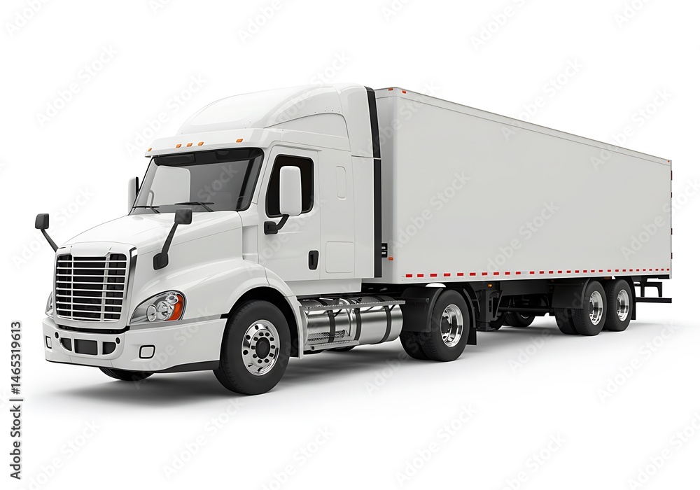 A white semi truck with a trailer on a white background in a studio setting with clean lighting A white semi truck with a trailer on a white background in a studio setting with clean lighting