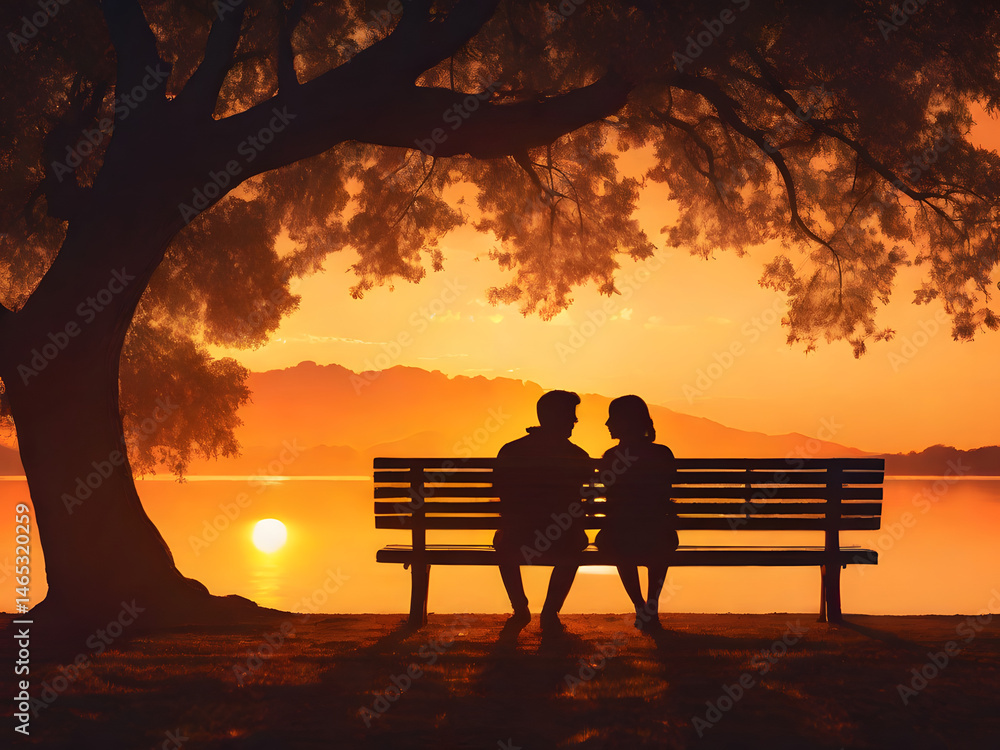 Obraz premium couple sitting on bench at sunset, , ai generated