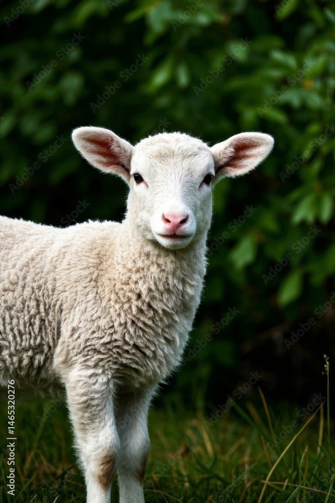 there is a small lamb standing in the grass in front of a bush there is a small lamb standing in the grass in front of a bush