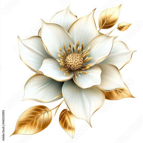 Elegant white flower with golden leaves illustration