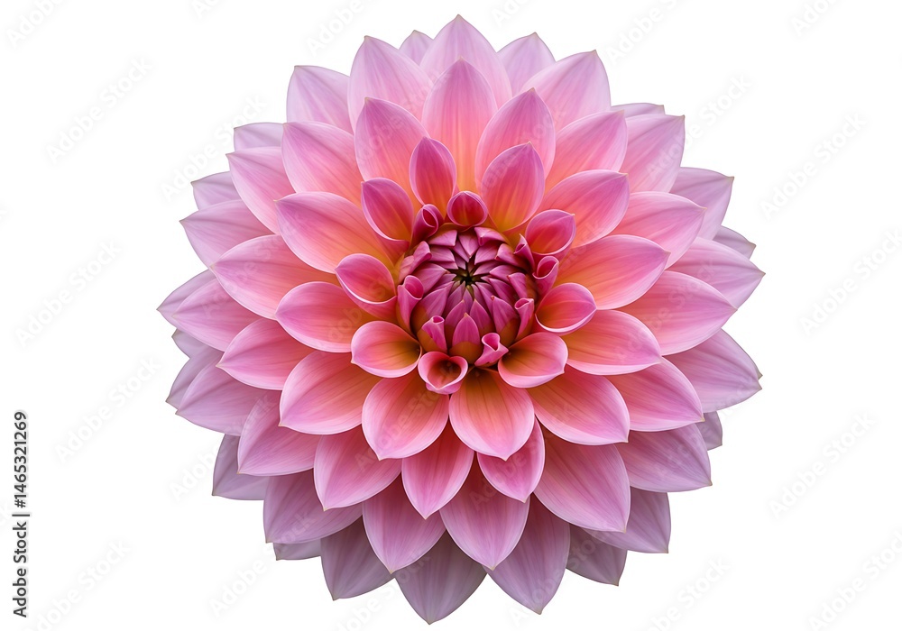 Isolated close up of a pink dahlia flower with layered petals on a white background in full bloom view Isolated close up of a pink dahlia flower with layered petals on a white background in full bloom view