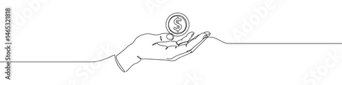 Hand holding coin continuous one line drawing. Dollar linear symbol. Savings money concept.