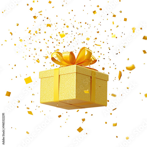 yellow glass gift box falling on white background in cutout style isolated on transparent background