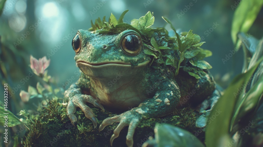 Frog Resting on Moss with Leaf Crown, Eye Contact, Nature Scene - Amphibian in Peaceful Environment with Forest Background Frog Resting on Moss with Leaf Crown, Eye Contact, Nature Scene - Amphibian in Peaceful Environment with Forest Background