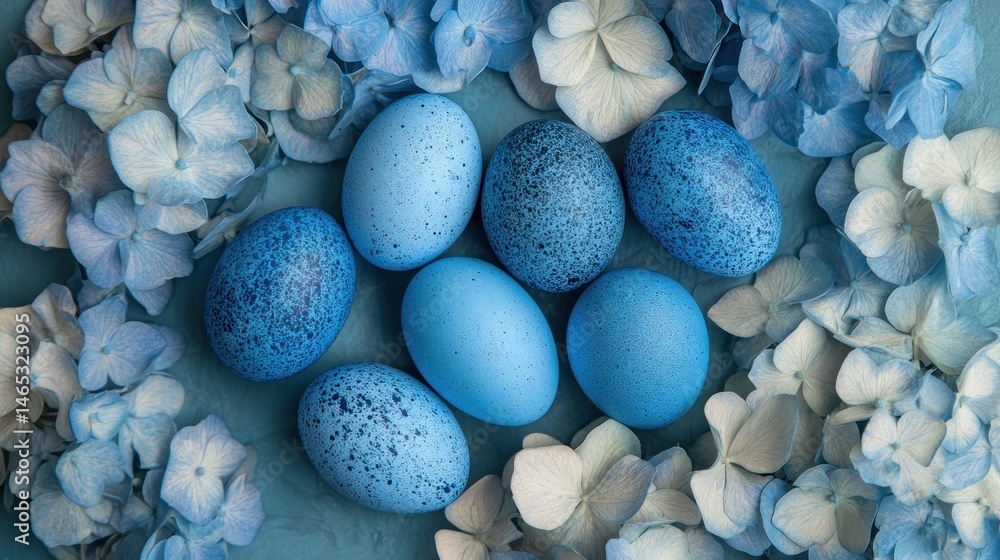 Obraz premium Blue Easter eggs nestled amidst delicate hydrangea flowers