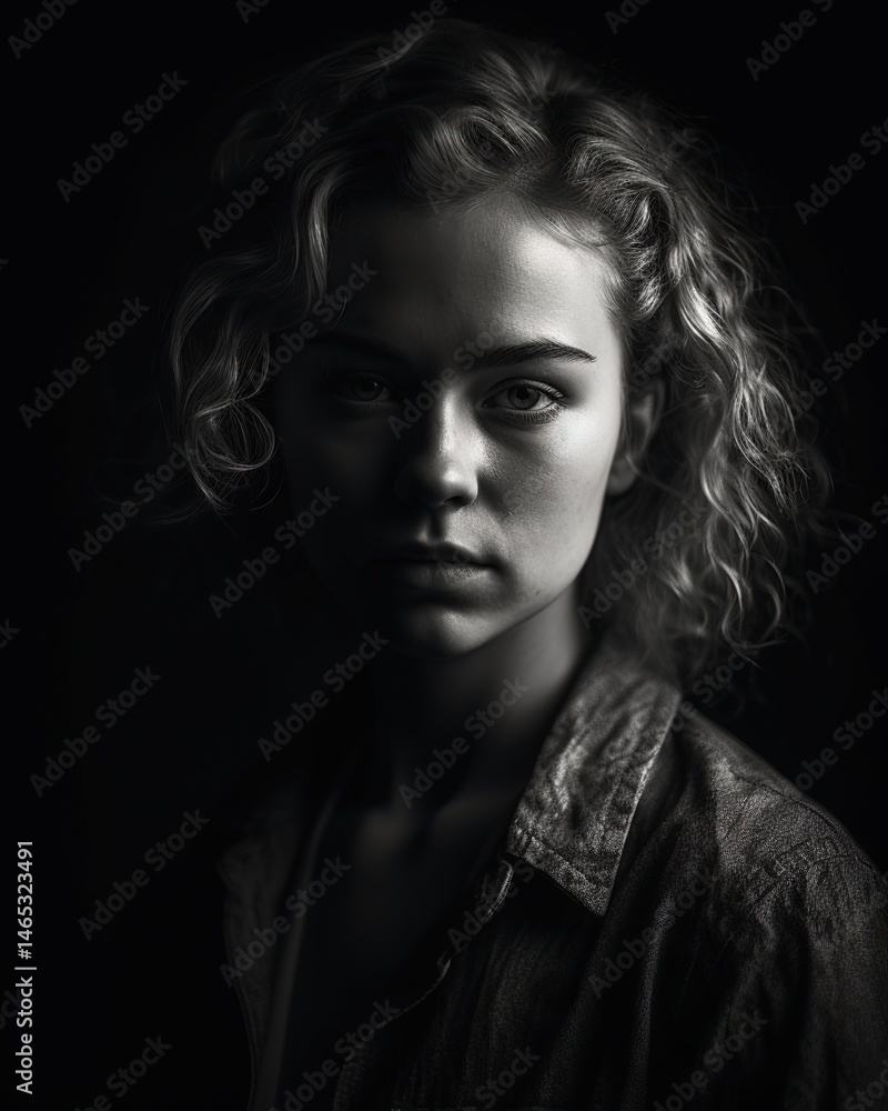 Close-up black and white portrait of a young woman Close-up black and white portrait of a young woman