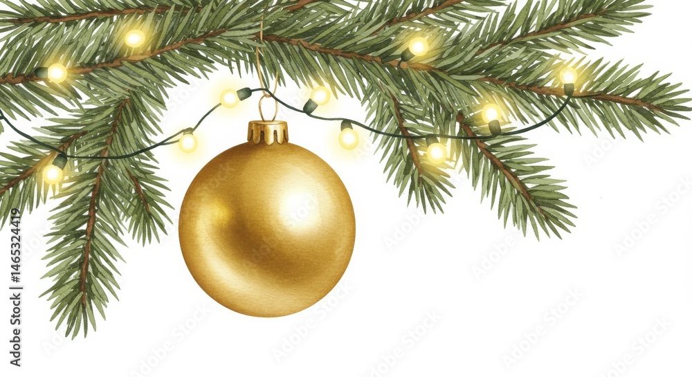 Golden Ornament on Evergreen Branch - A matte gold bauble hangs from a decorated evergreen tree branch, illuminated by warm fairy lights. Symbolizing: festive cheer, holiday spirit, winter wonder Golden Ornament on Evergreen Branch - A matte gold bauble hangs from a decorated evergreen tree branch, illuminated by warm fairy lights. Symbolizing: festive cheer, holiday spirit, winter wonder