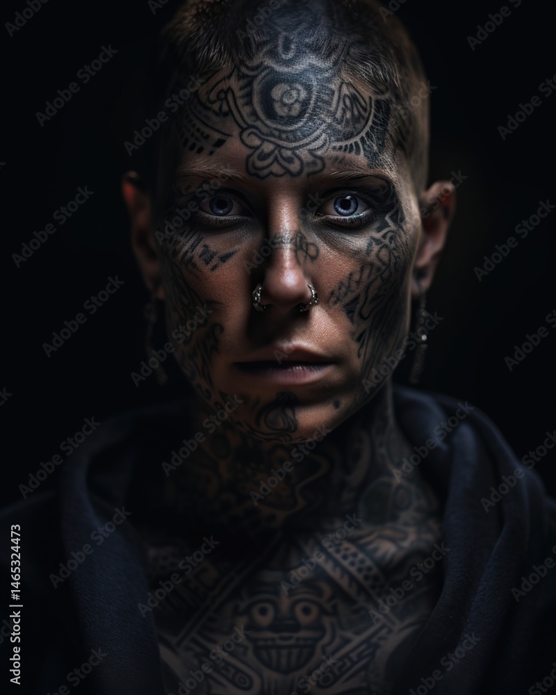 Close-up portrait of a woman with elaborate tattoos Close-up portrait of a woman with elaborate tattoos