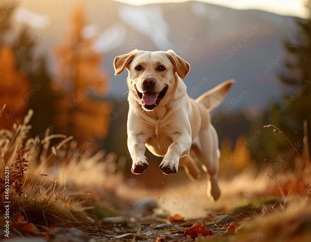Joyful Labrador Running Through Autumn Forest. Generate by Ai Joyful Labrador Running Through Autumn Forest. Generate by Ai