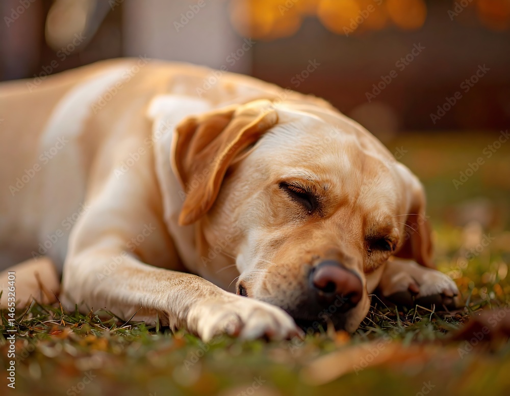 Labrador Resting Peacefully in Autumn Grass. Generate by AI. Labrador Resting Peacefully in Autumn Grass. Generate by AI.