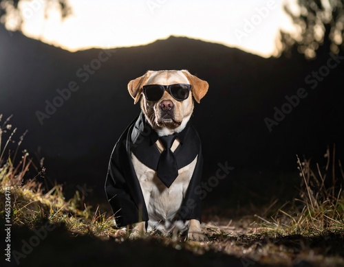 Stylish Labrador in Sunglasses and Suit Outdoors. Generate by Ai