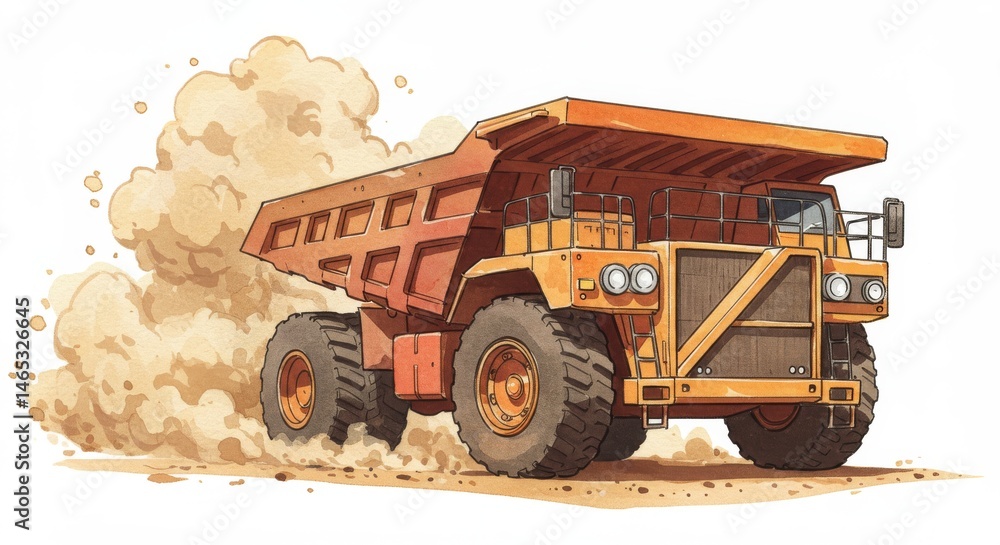 Obraz premium Heavy Haul Truck Dusting Dirt Road - Powerful mining truck, hauling heavy loads, kicking up dust on a dirt road, symbolizing industry, strength, transportation, construction, and earthmoving