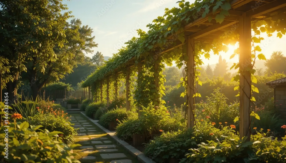 Golden Hour Garden Path: A Serene Sunrise Stroll Through Blooming Vines Golden Hour Garden Path: A Serene Sunrise Stroll Through Blooming Vines