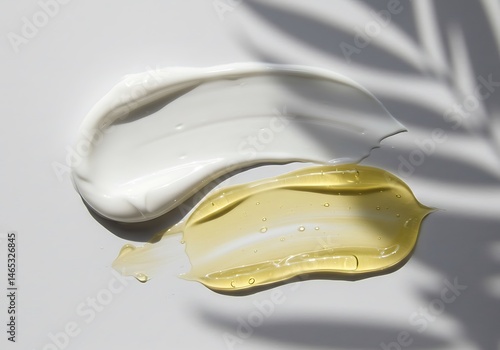 Close up shot of white cream and yellow gel smears with palm leaf shadows on a white surface