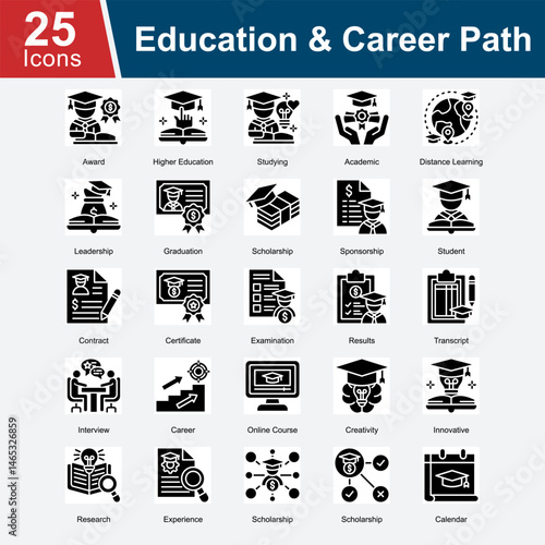 Education & Career Path is a collection of icons representing the journey through education, from academic achievements to career advancement, including scholarship opportunities, online learning, 