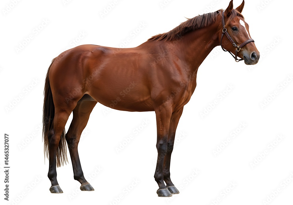Obraz premium A brown horse standing calmly on a white background in a studio setting with bridle and tail visible