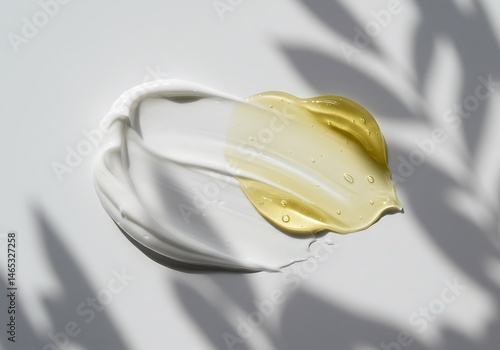 A close up of white and yellow cream smears on a white background with leaf shadows creating patterns