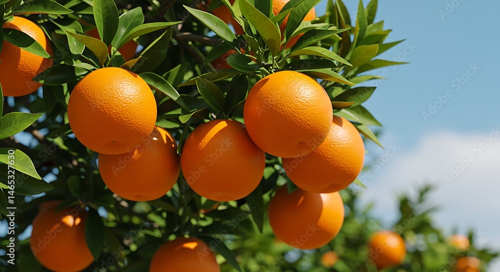 Ripe Oranges on Tree Branch, Sunny Day Ripe Oranges on Tree Branch, Sunny Day