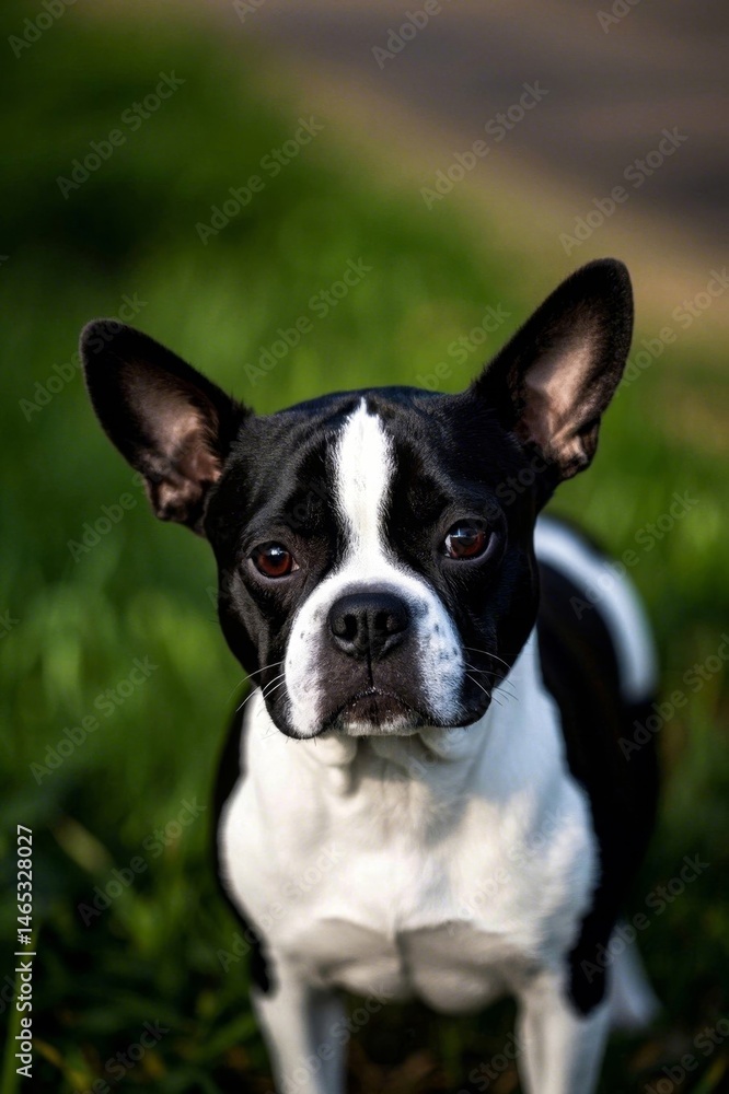 there is a small black and white dog standing in the grass there is a small black and white dog standing in the grass