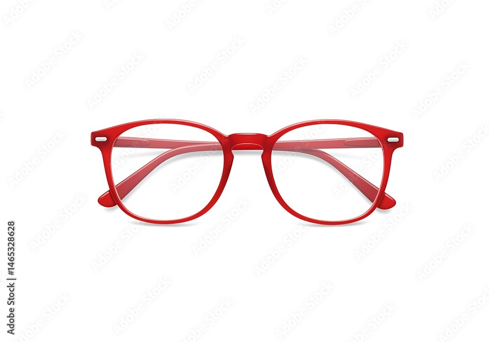 Fototapeta premium A pair of red framed glasses with clear lenses on a white background in a studio shot centered view