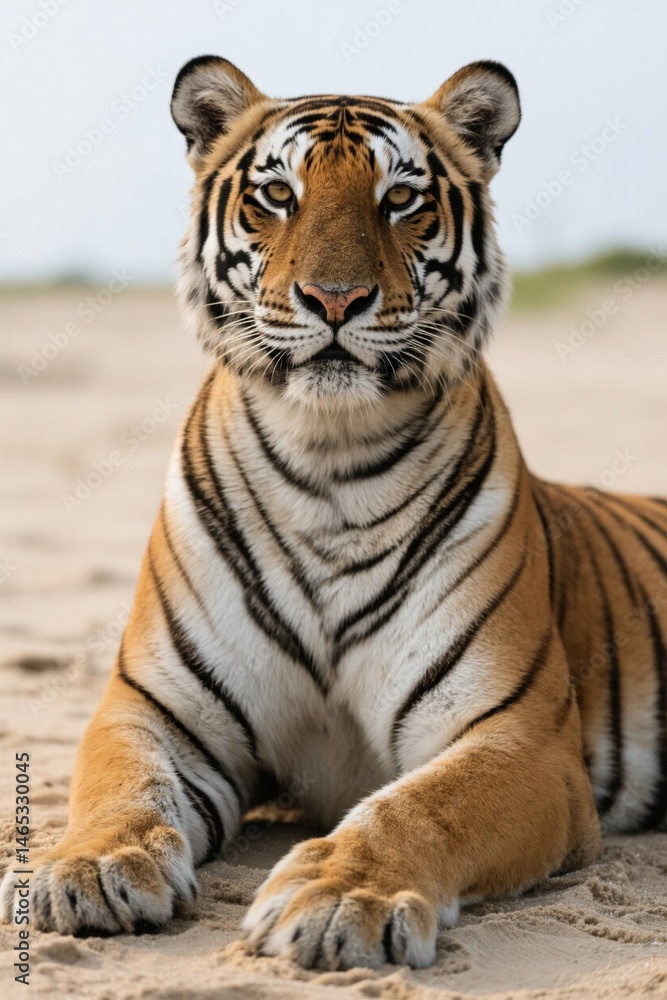 Obraz premium there is a tiger that is laying down on the sand